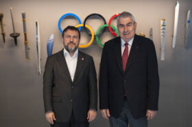 Uğur Erdener congratulates the new TMOK President Veli Ozan Çakır