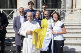 Pope Leo XIV meets Athletica Vaticana athletes who participated in the Mediterranean Games